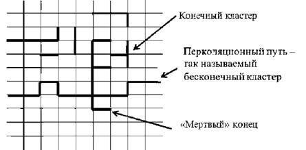 - Квадратная решетка со случайно вырванными связями (тонкие линии)